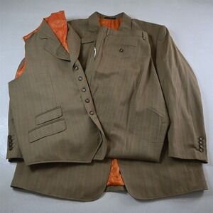 Michael Irvin 46R 38x34 Tan Brown Plaid Check 3 Piece Vest Jacket Pants Suit